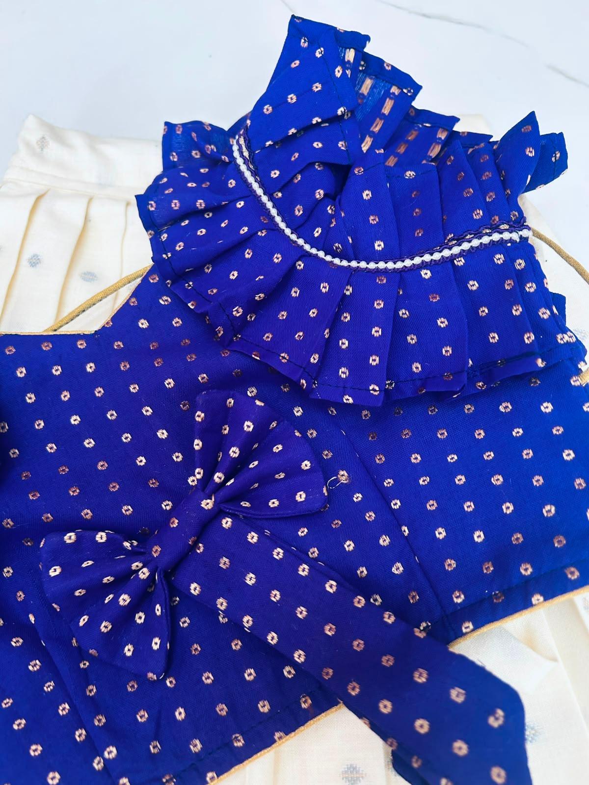 Royal blue blouse with gold foil floral print and pearl neckline