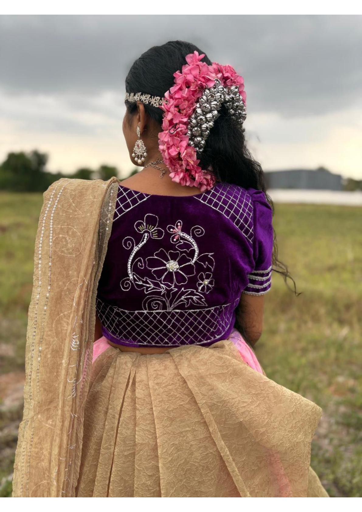 Purple velvet bridal blouse with intricate embroidered floral design and beading
