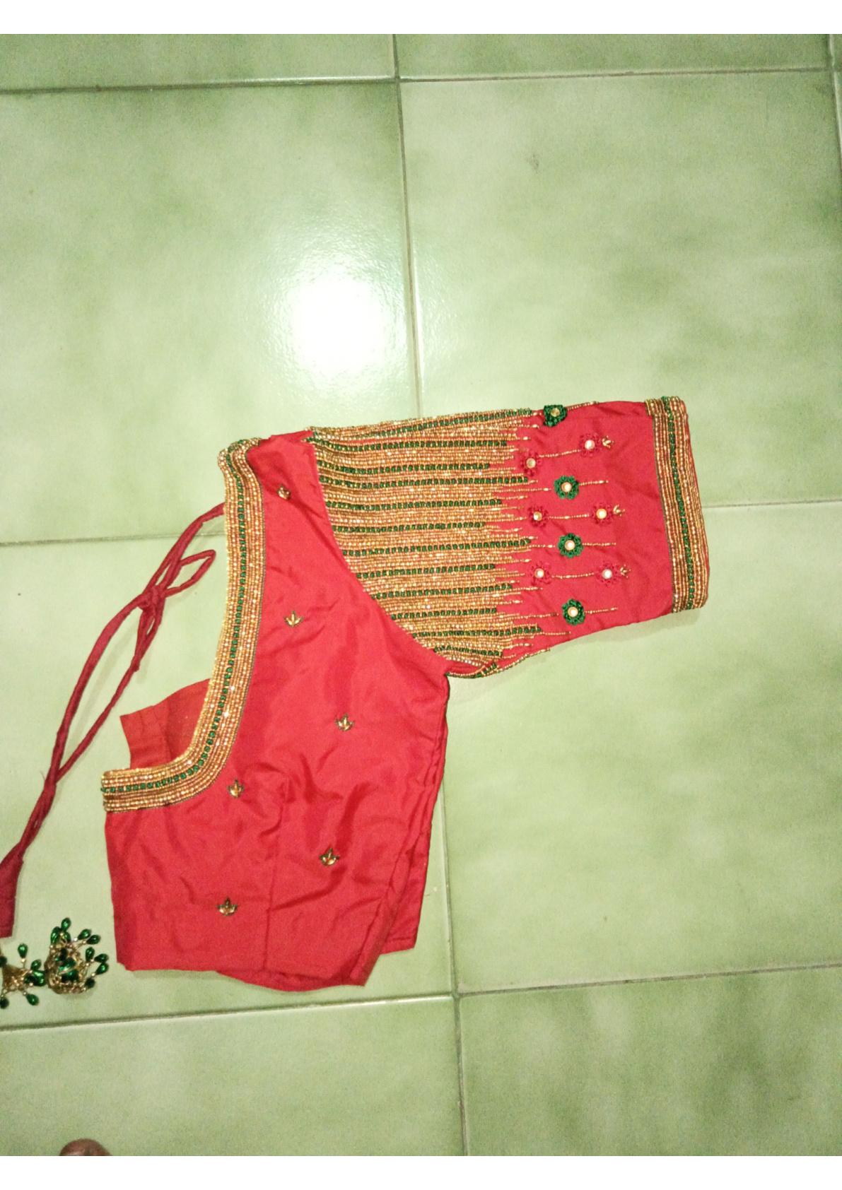 Red party wear blouse with gold bead and zari embroidery detailing