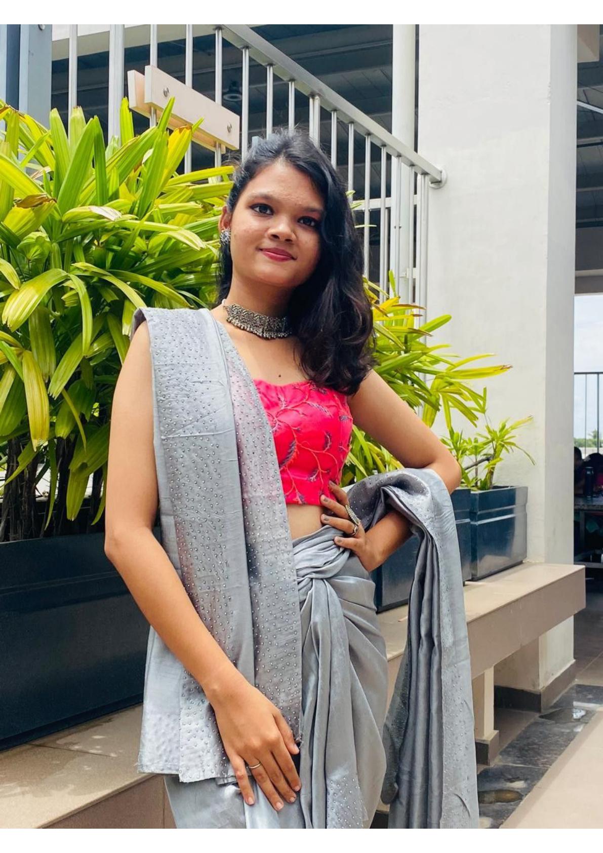 Gray embellished saree with pink blouse and matching dupatta