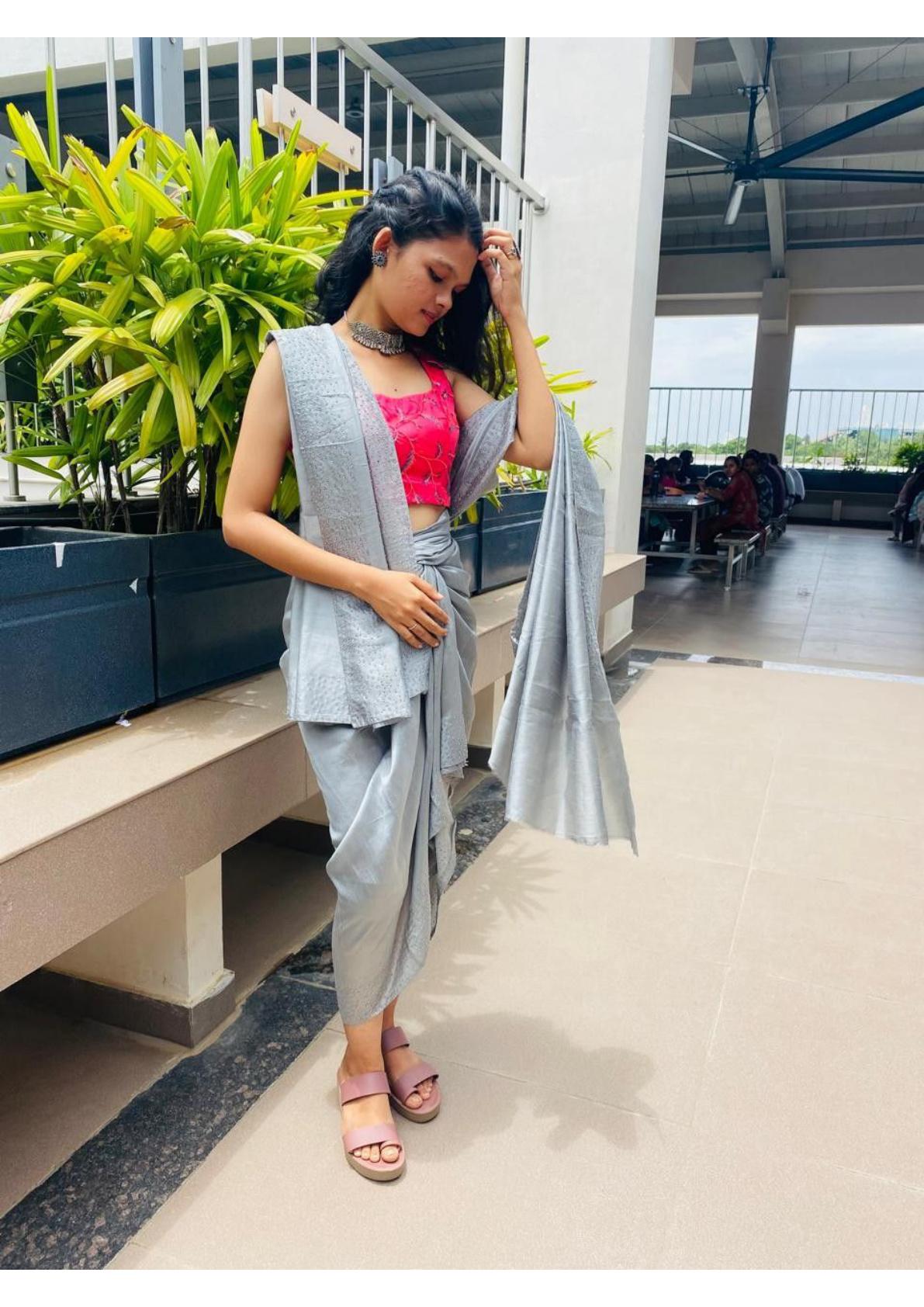 Pink crop top with gray cardigan and matching skirt co-ord set