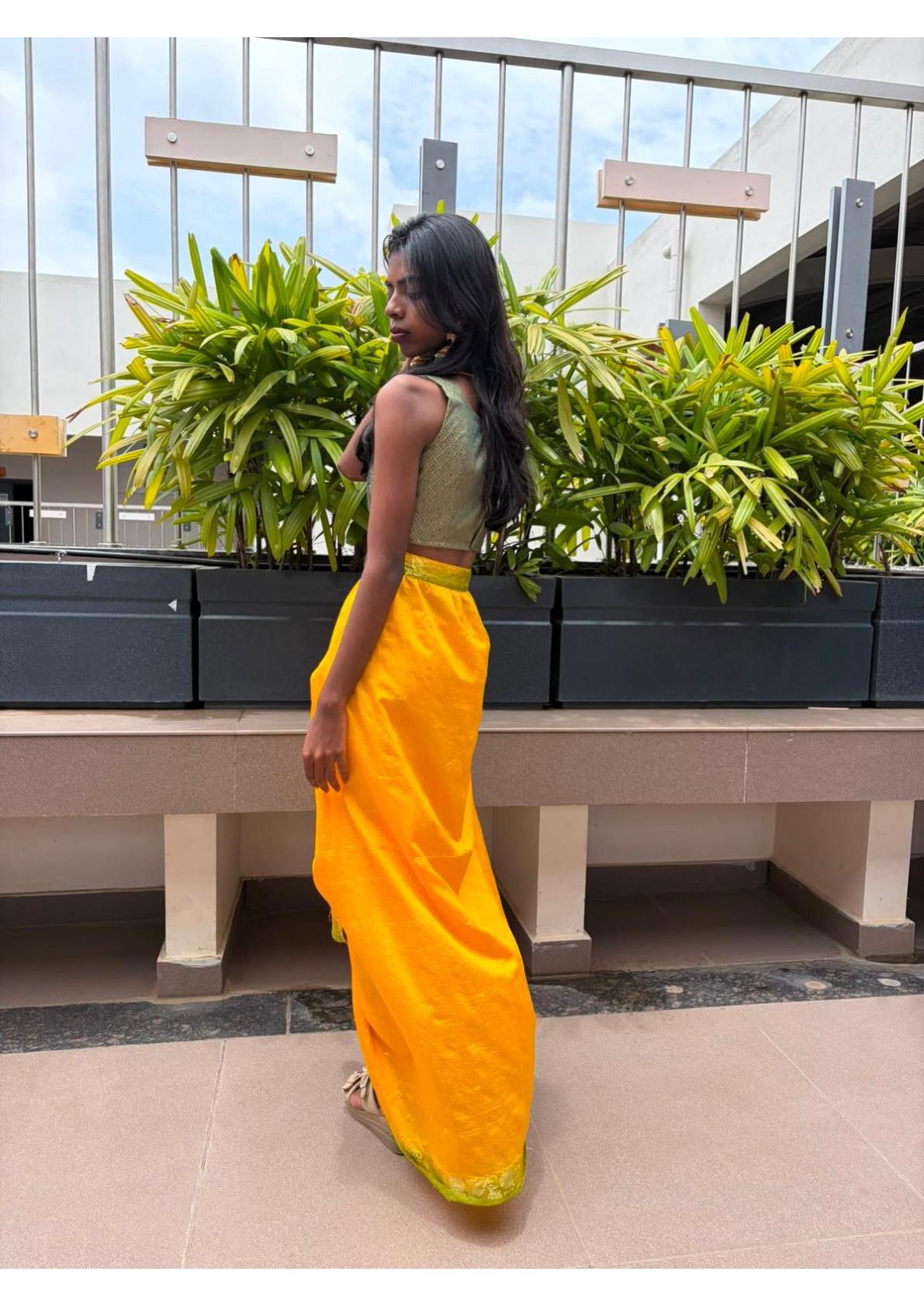 Yellow maxi skirt with green ombre hem and olive crop top