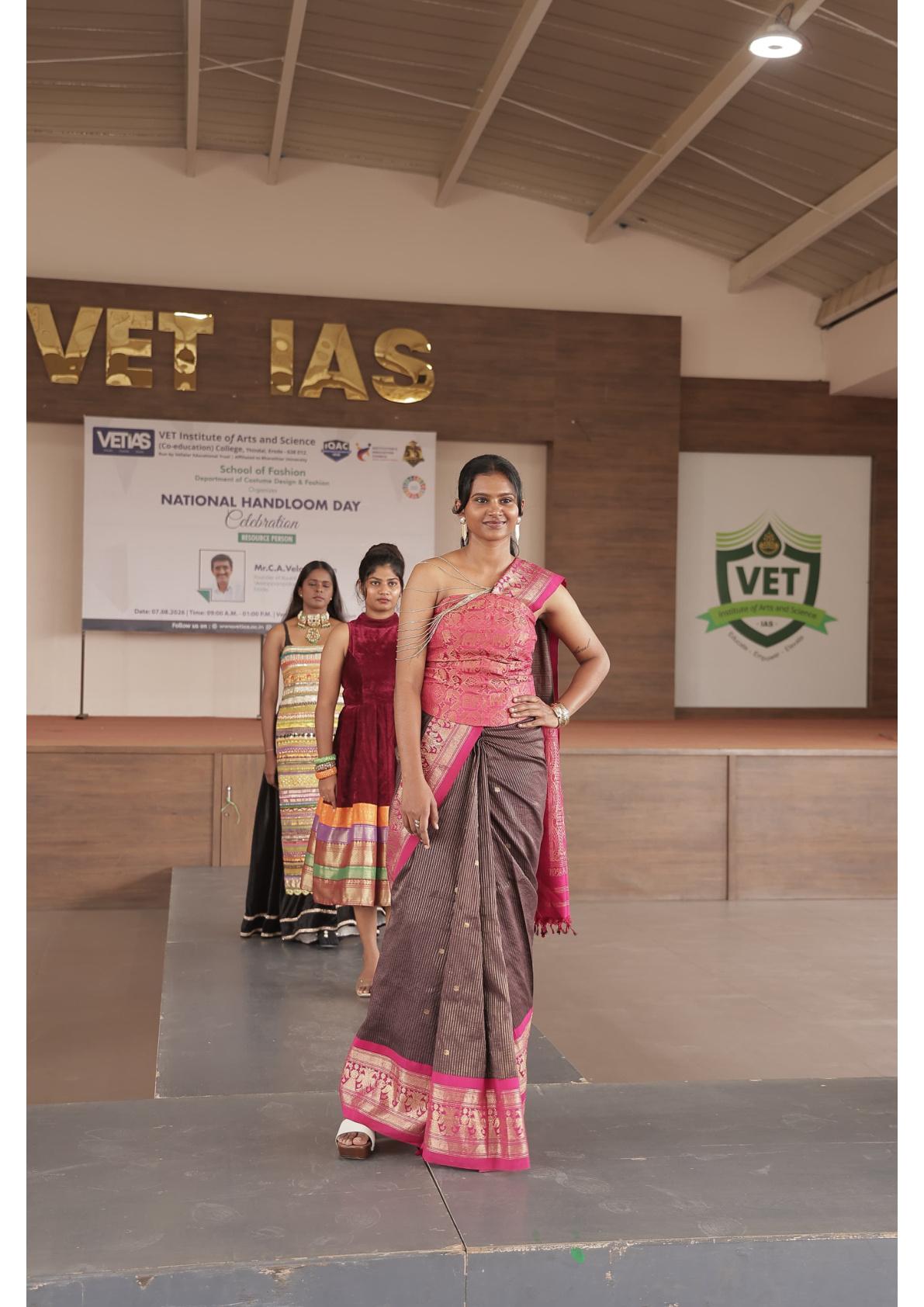Pink and brown striped saree with gold border and pallu