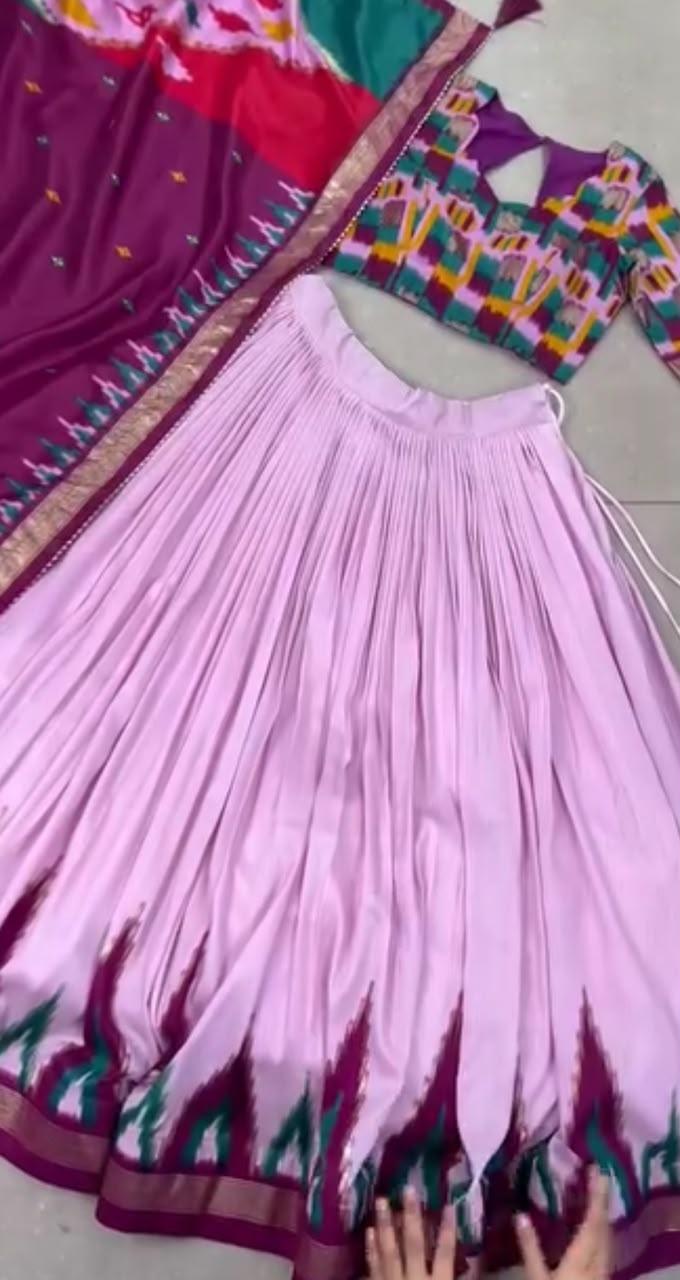 Lavender pleated lehenga with purple silk blouse and patterned dupatta