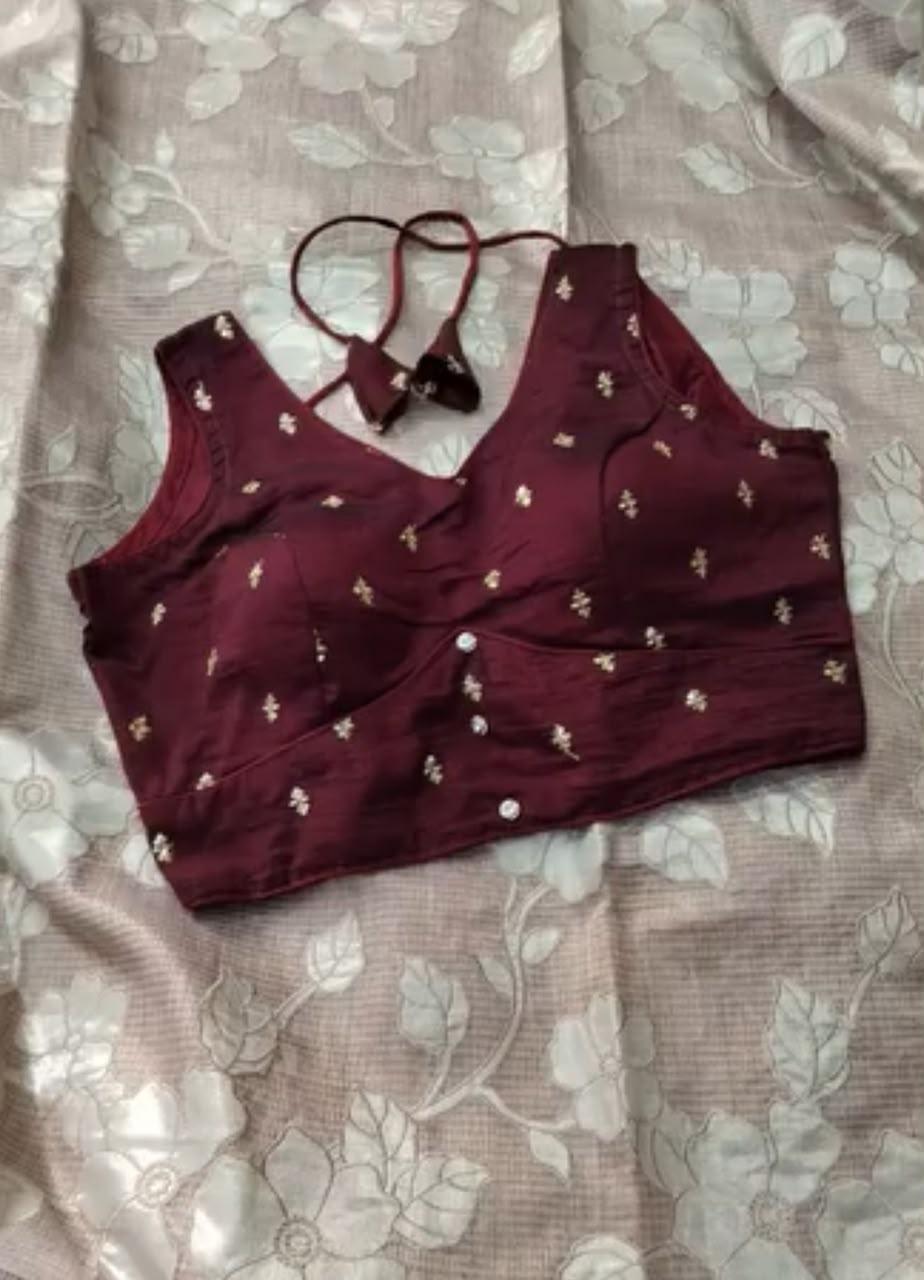 Maroon blouse with gold floral embroidery and adjustable halter straps