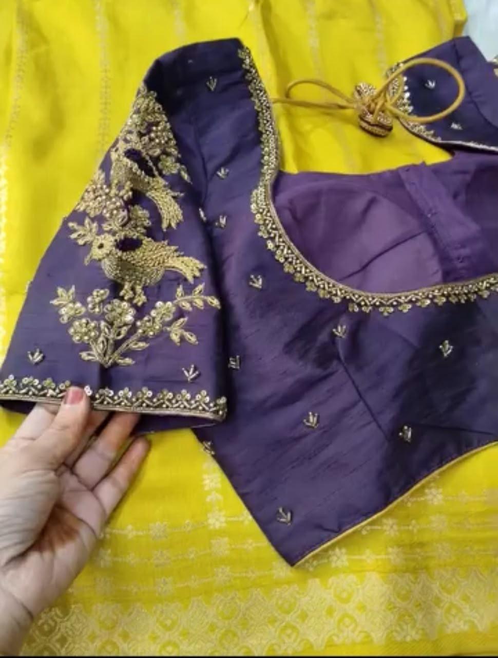 Navy blue bridal blouse with gold zari maggam work embroidery
