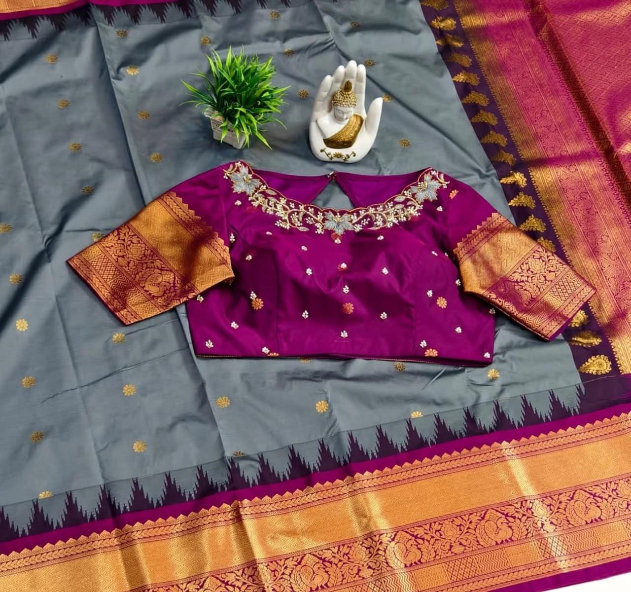 Magenta silk blouse with gold zari embroidery and gold brocade sleeves
