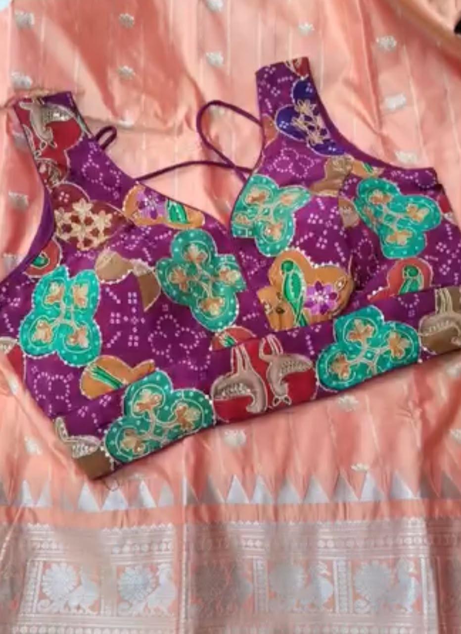 Purple maggam work blouse with turquoise floral embroidery and parrot motifs