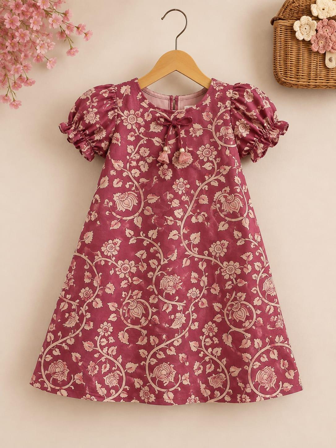 Burgundy floral printed girls dress with puffed sleeves