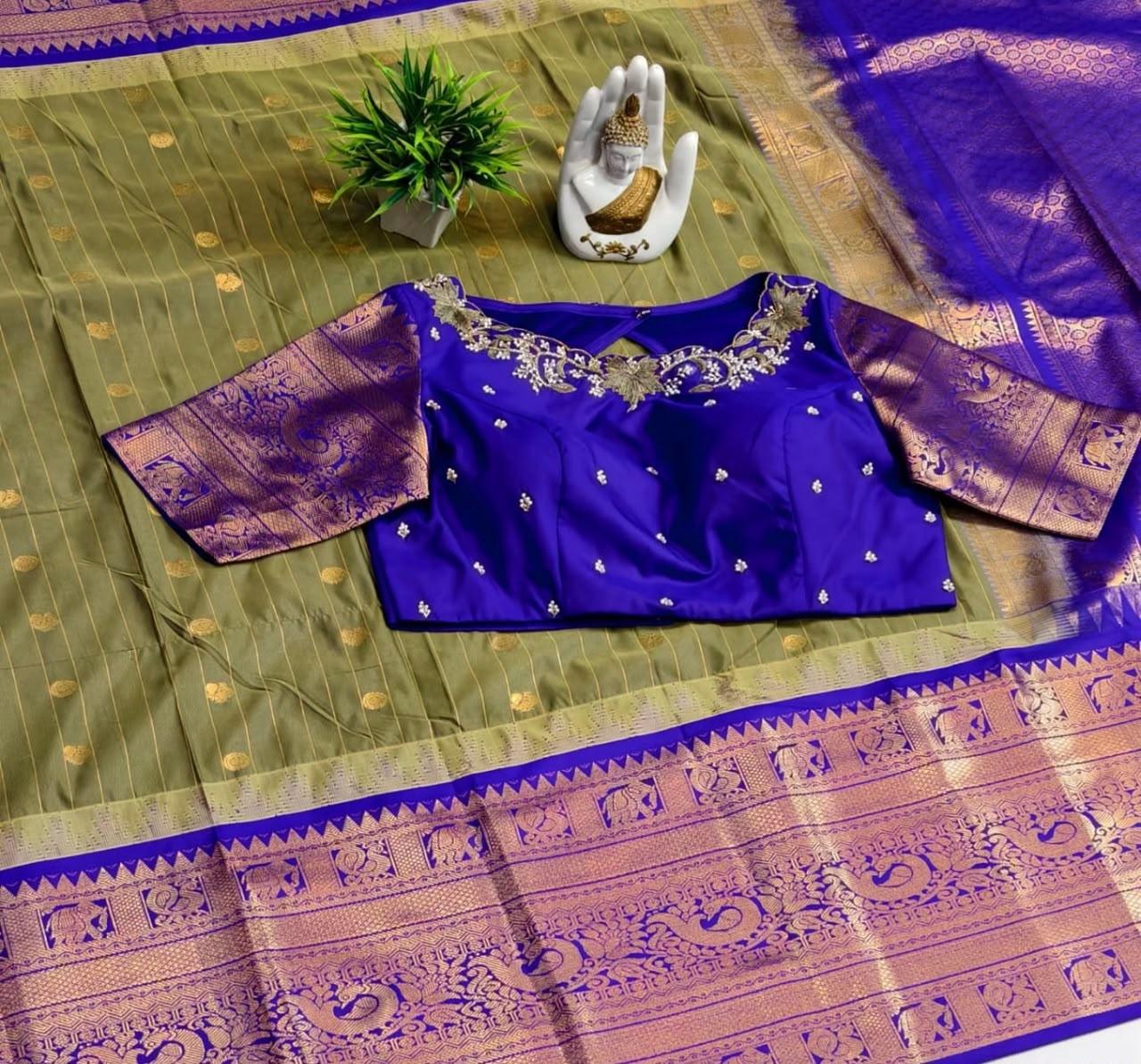 Royal blue silk blouse with gold zari embroidery and matching saree