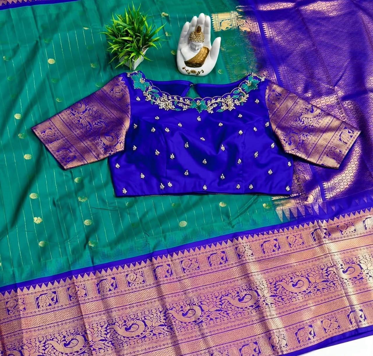 Royal blue bridal blouse with gold zari embroidery and silk dupatta