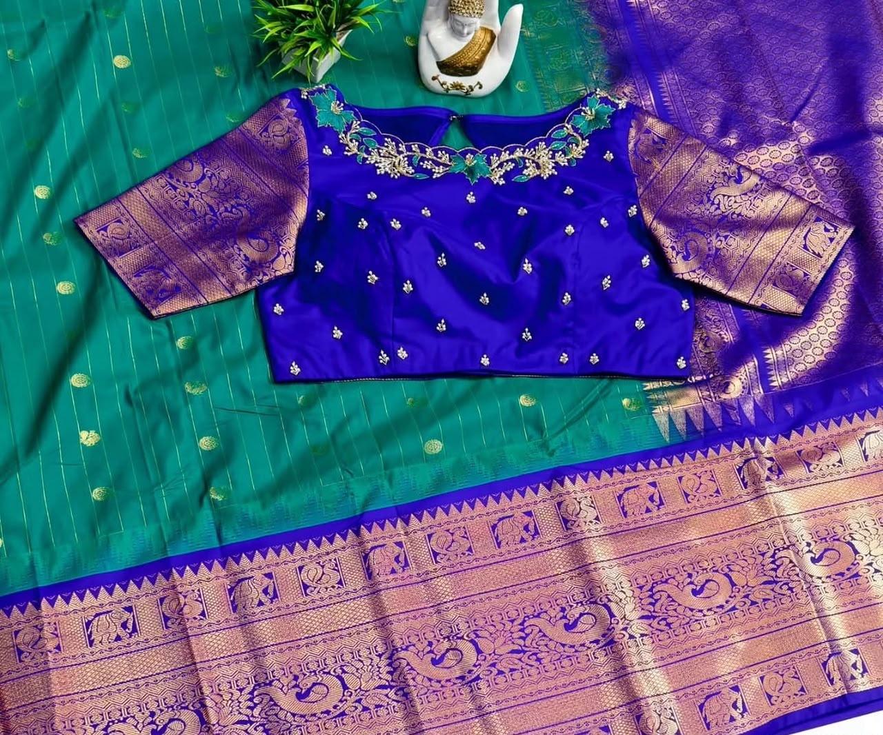Royal blue silk blouse with gold zari embroidery and decorative neckline