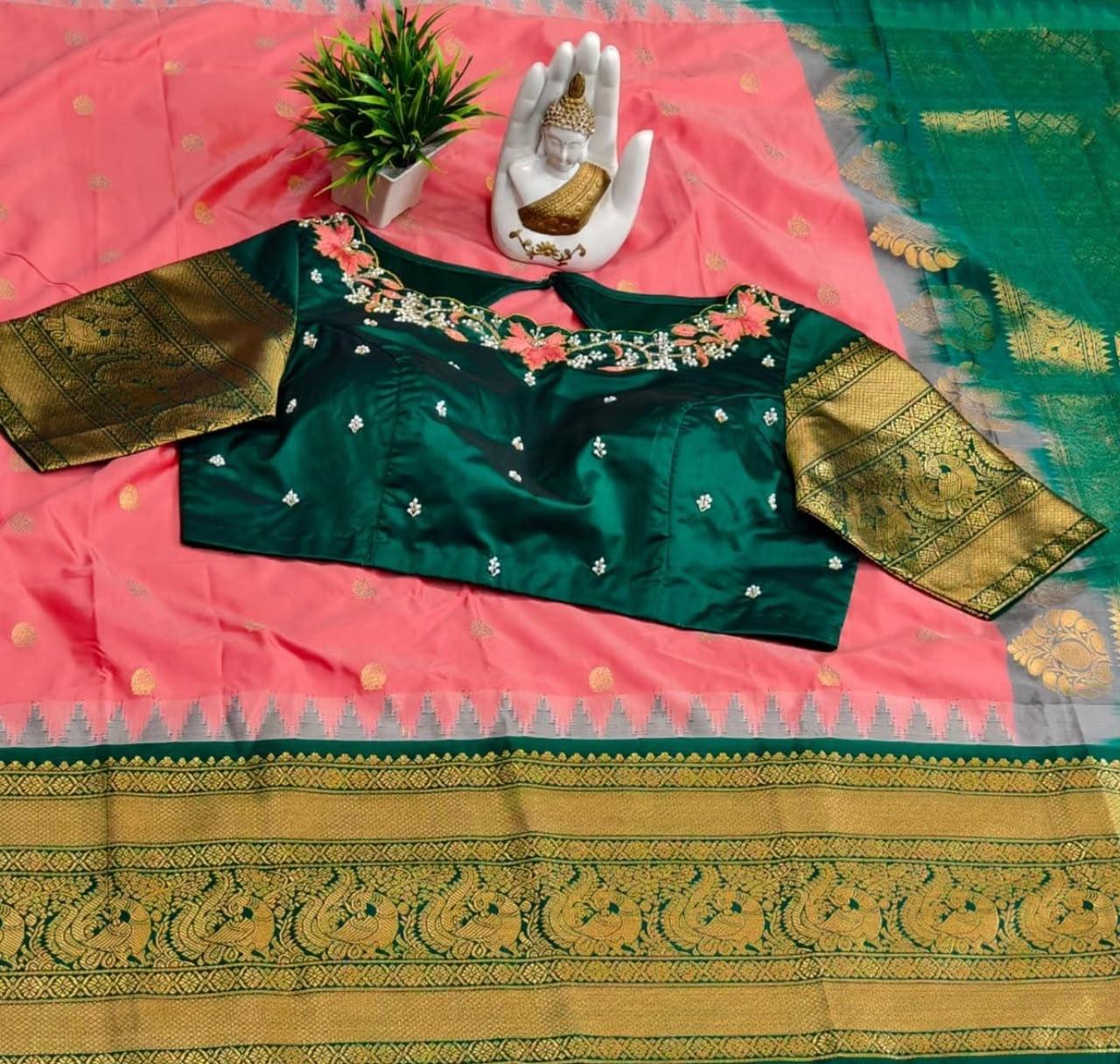 Forest green blouse with floral embroidery and gold silk borders