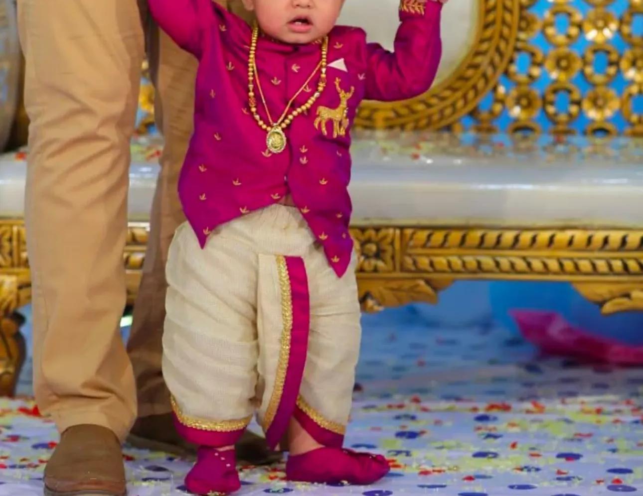 Magenta silk kids traditional outfit with gold embroidery and cream pants