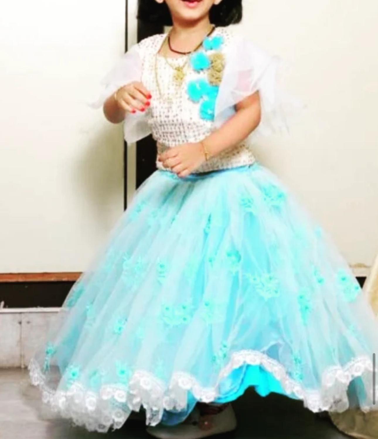 Girls party wear frock with turquoise tulle skirt and embellished top