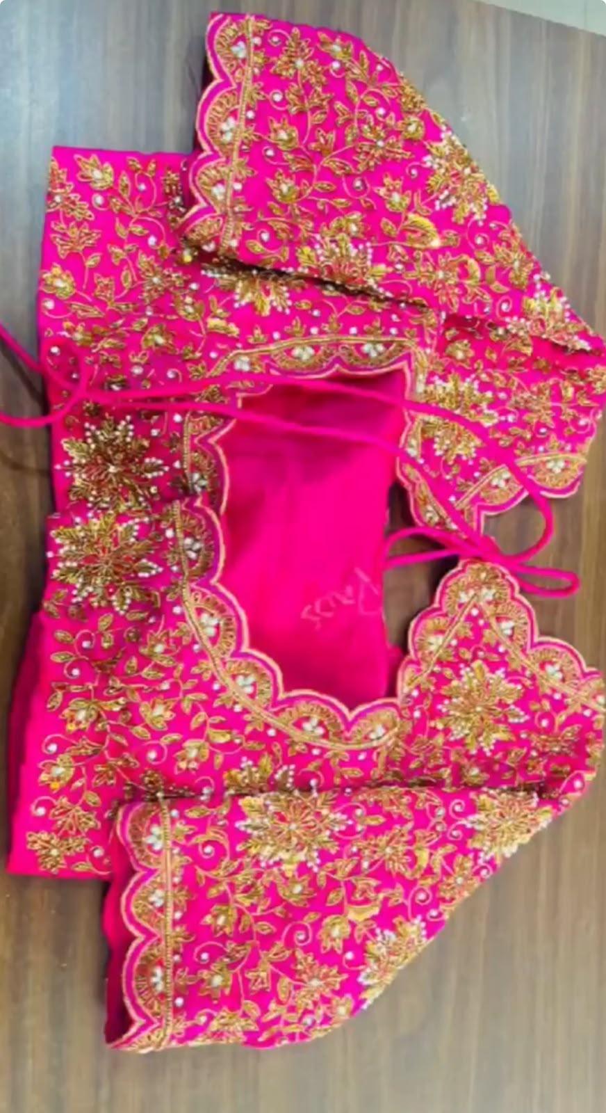 Bright pink blouse with gold zari and floral maggam work embroidery