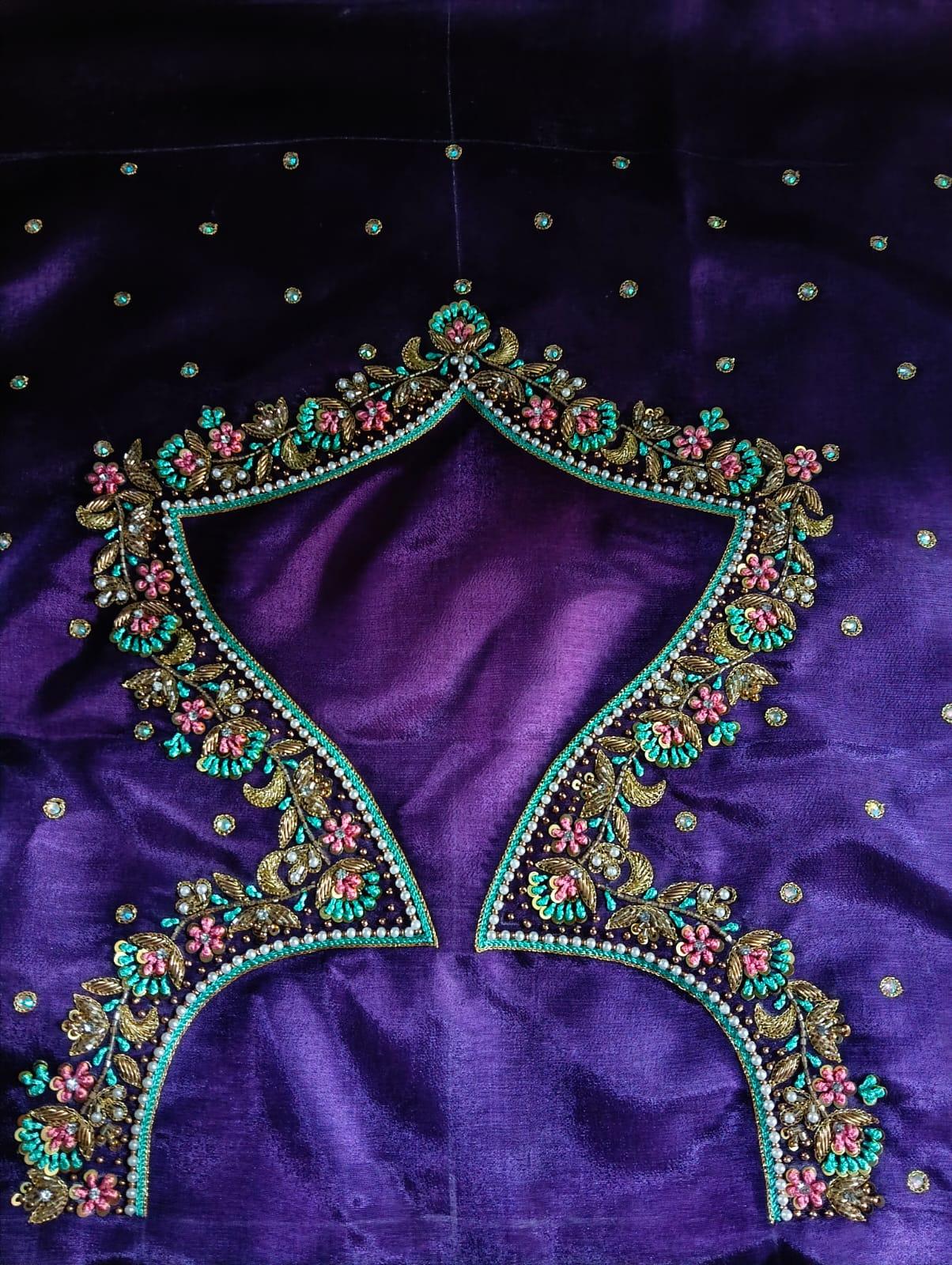 Purple velvet bridal blouse with turquoise and gold maggam work
