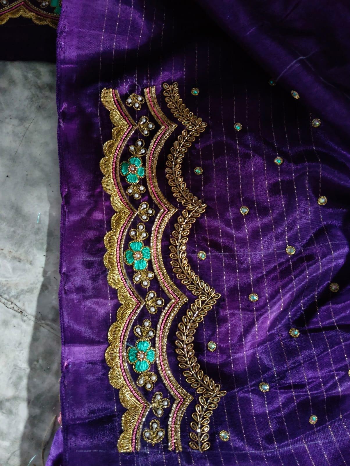 Purple velvet blouse with gold zari and turquoise floral maggam work