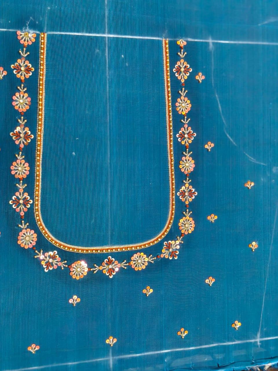 Turquoise silk blouse with gold zari floral embroidery and beadwork