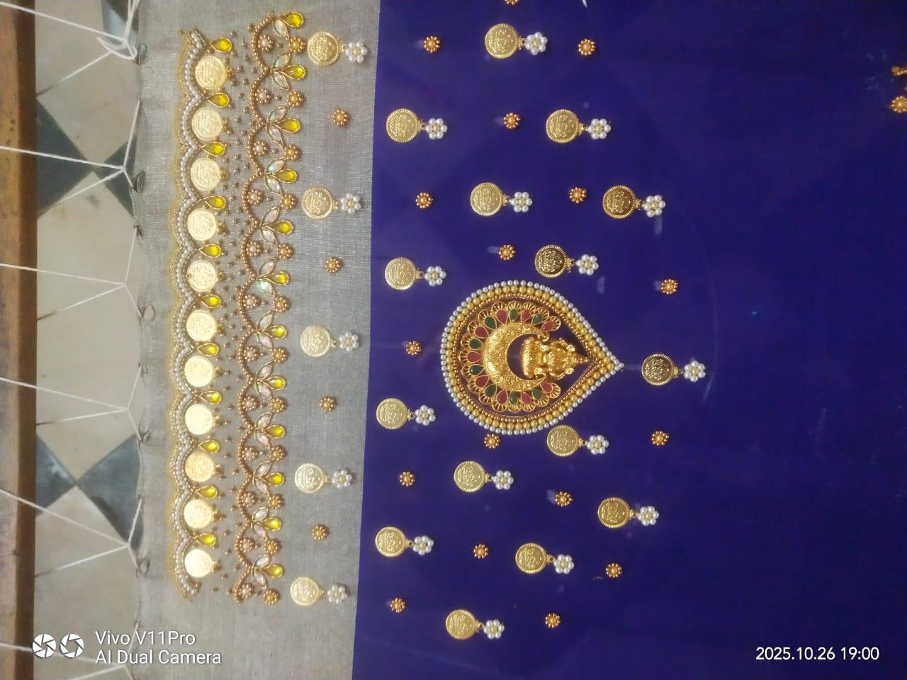 Gold embellished blouse with coin and beaded maggam work design