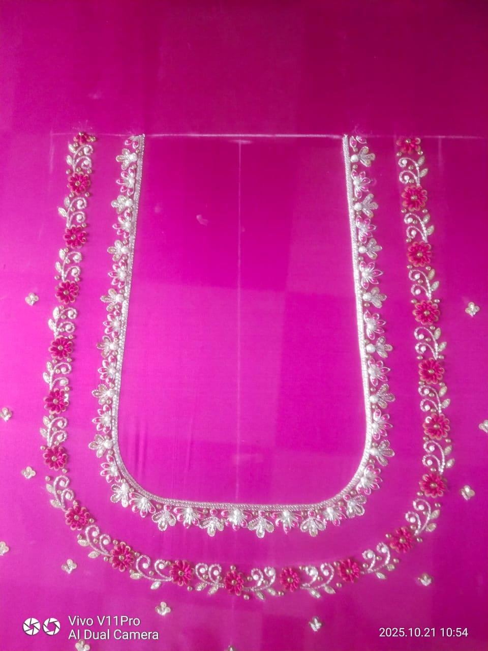 Magenta bridal blouse with gold zari floral embroidery border