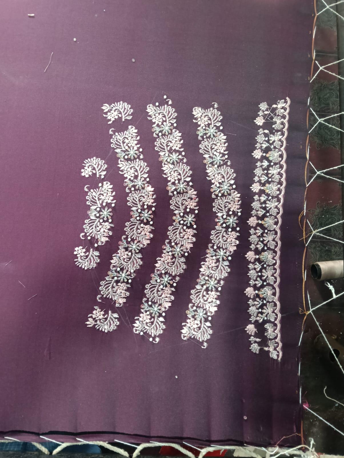 Purple fabric with white floral maggam work embroidery strips