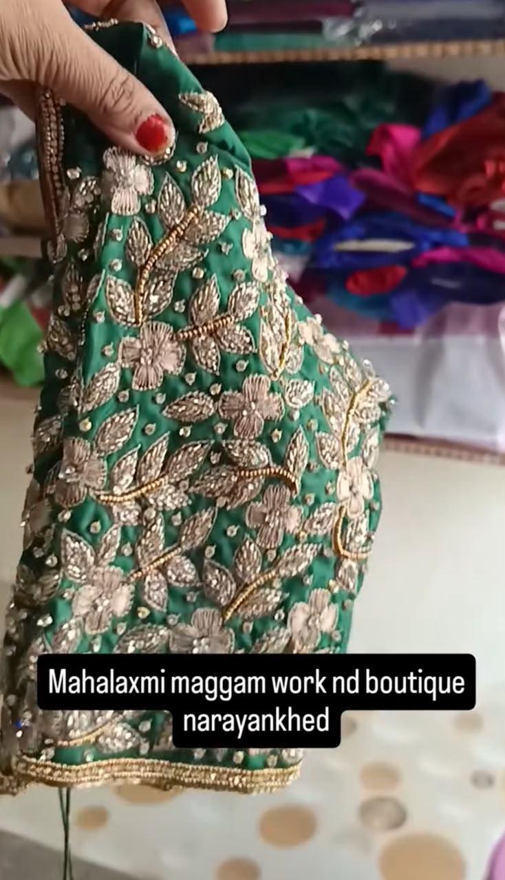 Green maggam work blouse with gold zari floral embroidery