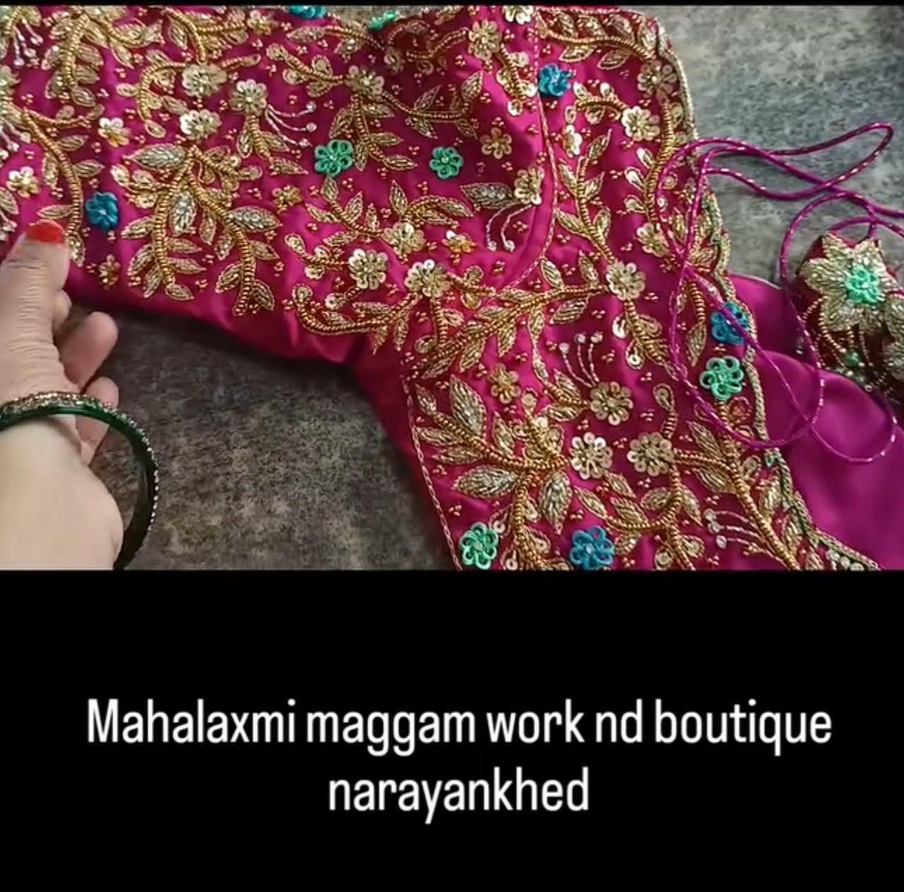 Maroon maggam work blouse with gold and turquoise embellishments