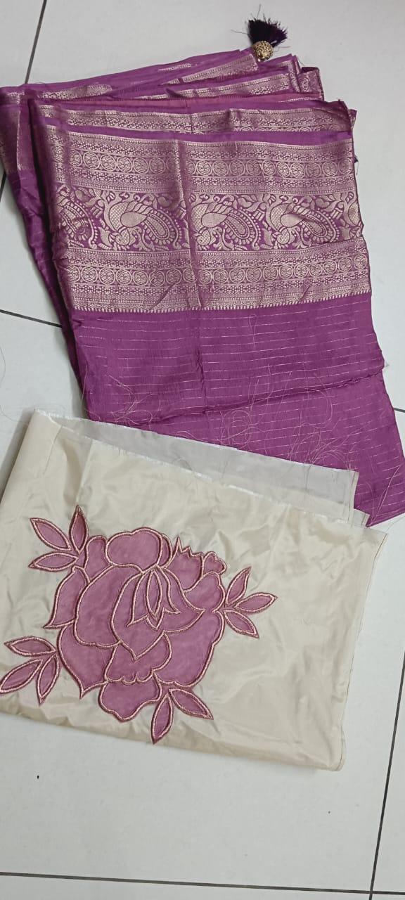 Purple silk saree with gold zari work and matching embroidered blouse