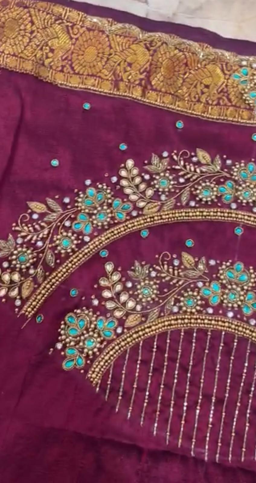 Maroon blouse with gold zari and turquoise stone maggam work