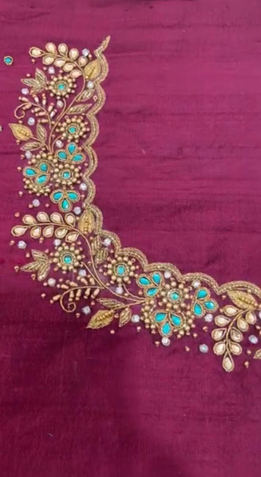 Maroon saree with gold zari and turquoise stone embroidery border