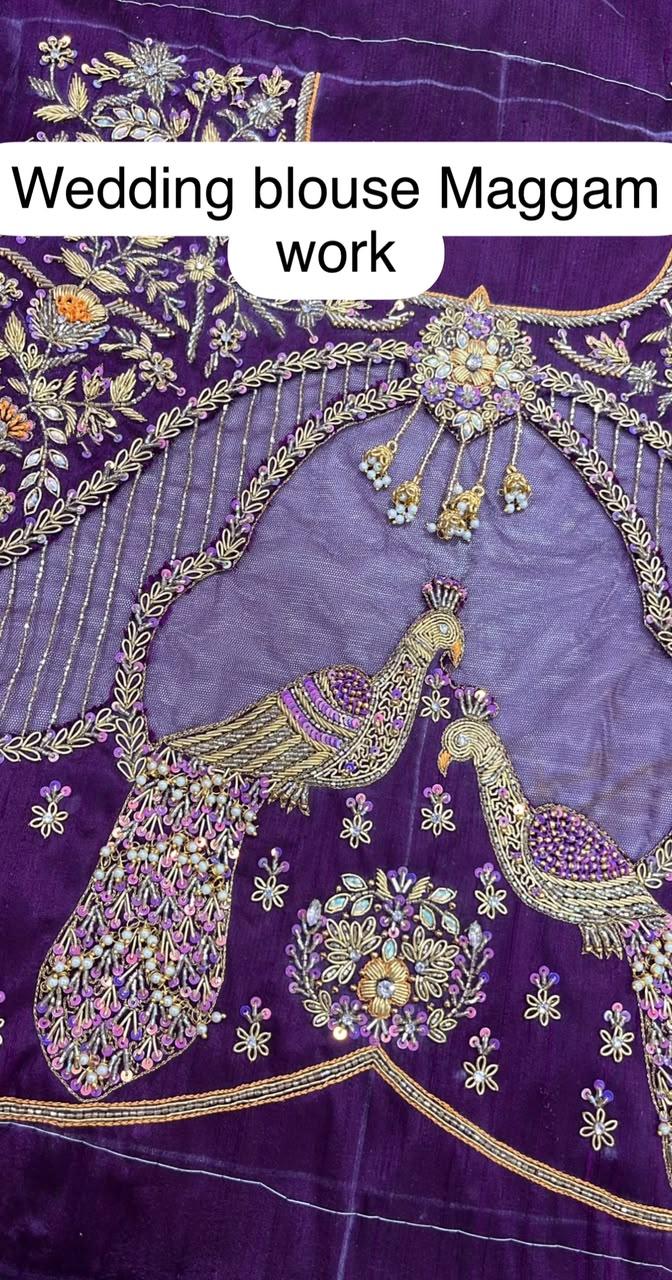 Purple bridal blouse with elaborate maggam work and peacock motif