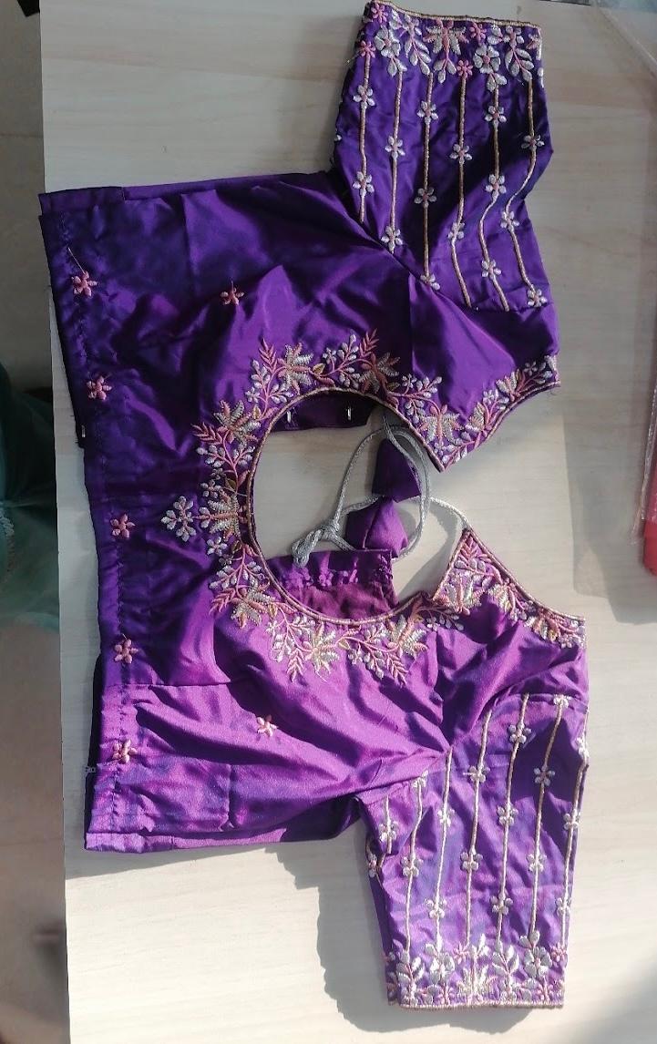 Purple silk blouse set with ornate zari and floral embroidery work