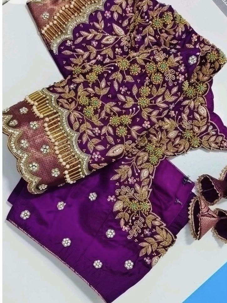 Purple bridal blouse with gold zari floral embroidery and maggam work