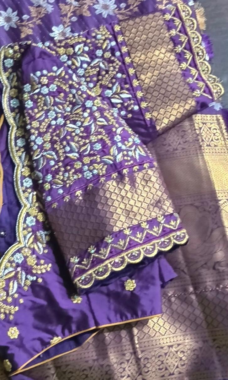 Purple silk saree with gold zari and floral maggam work embroidery