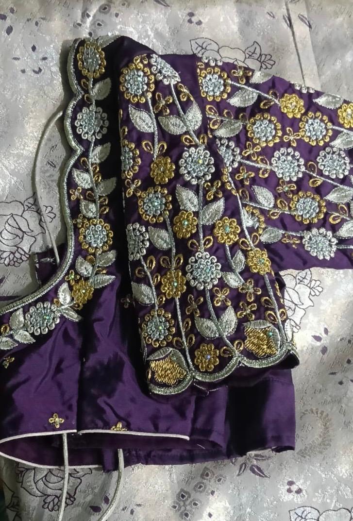 Purple maggam work blouse with gold and silver floral embroidery