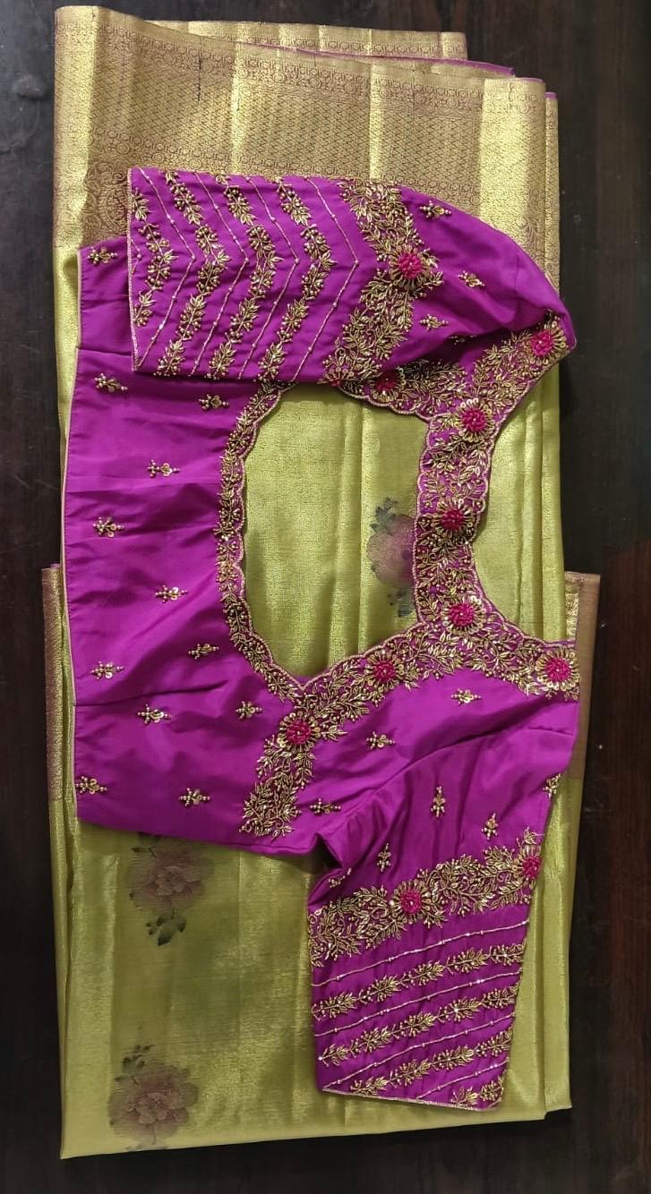 Purple silk blouse with gold zari embroidery and ornate borders