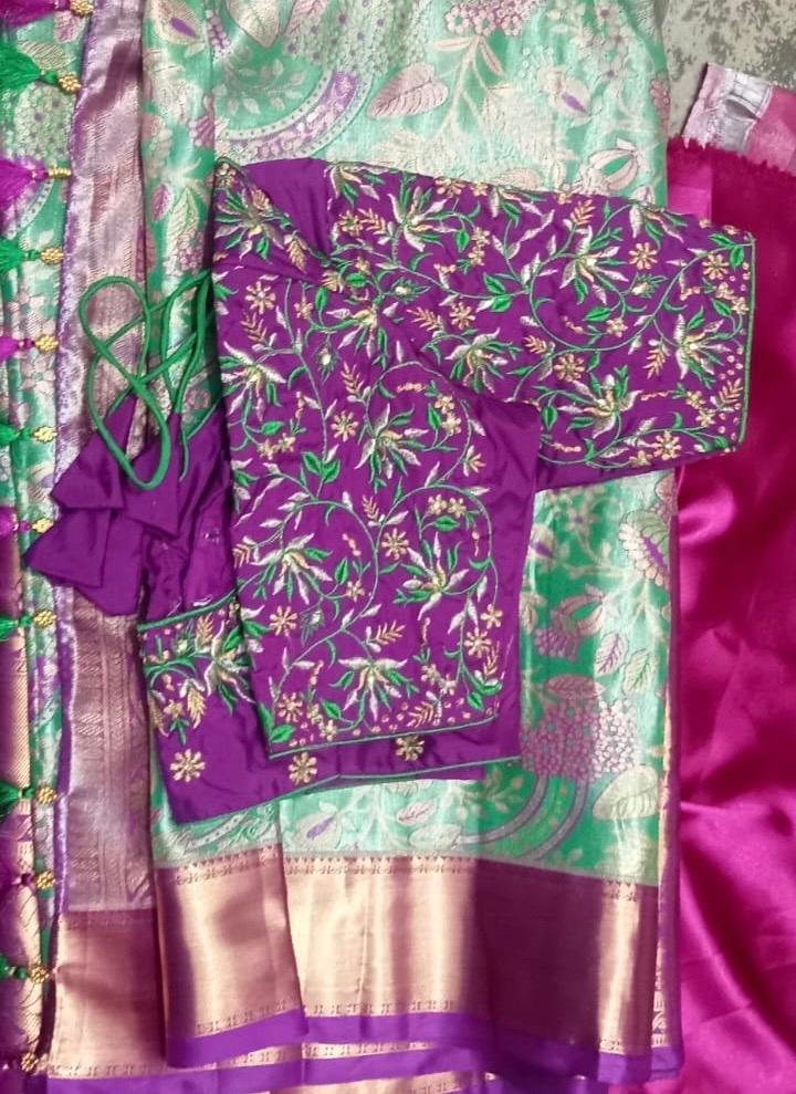 Purple silk blouse with gold zari floral embroidery and green accents