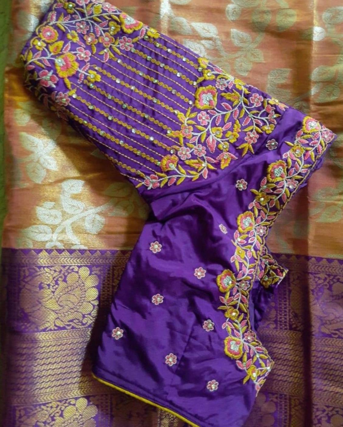 Purple silk blouse with golden zari floral embroidery and beadwork