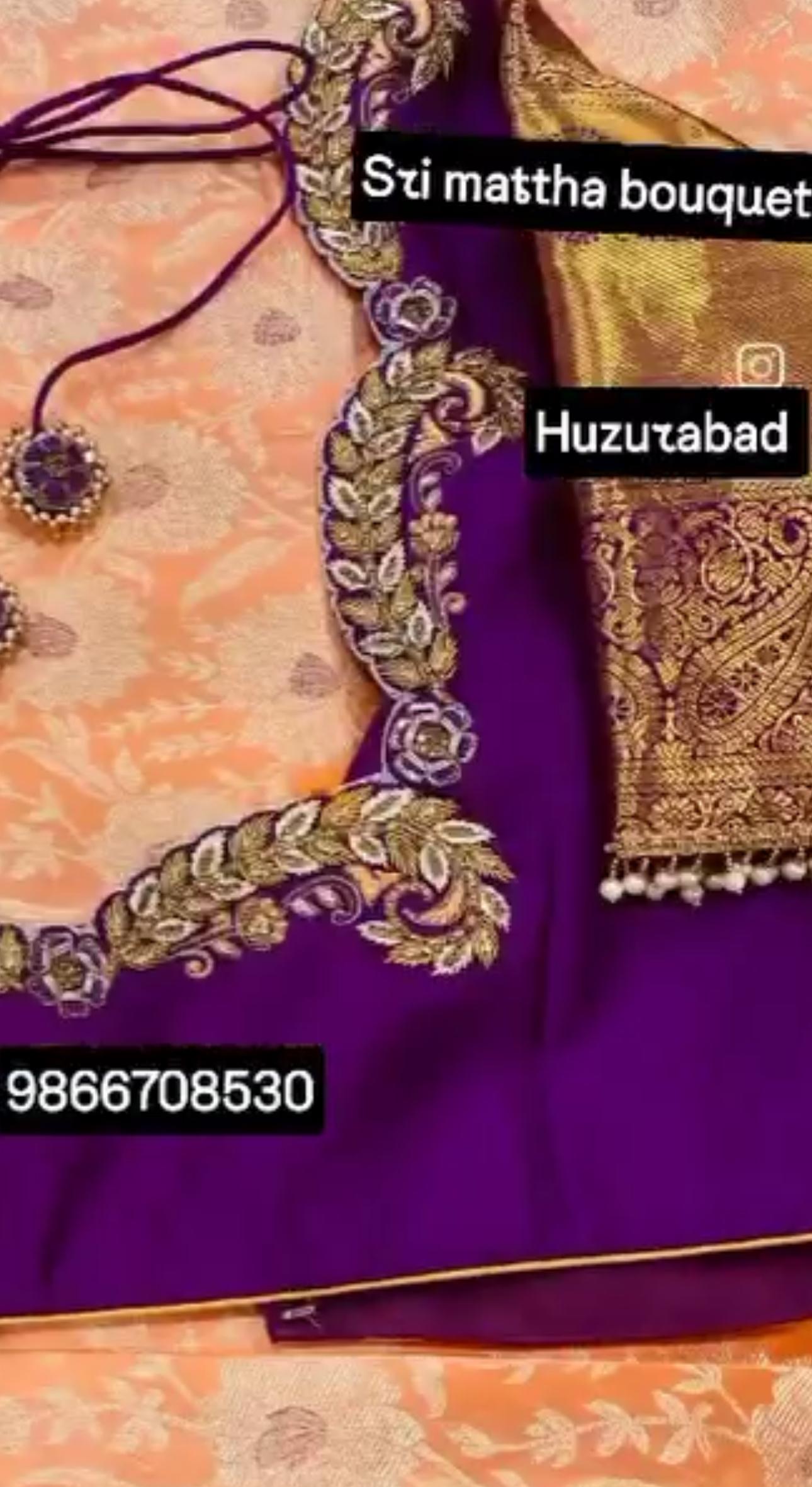 Purple bridal blouse with gold zari embroidery and maggam work borders