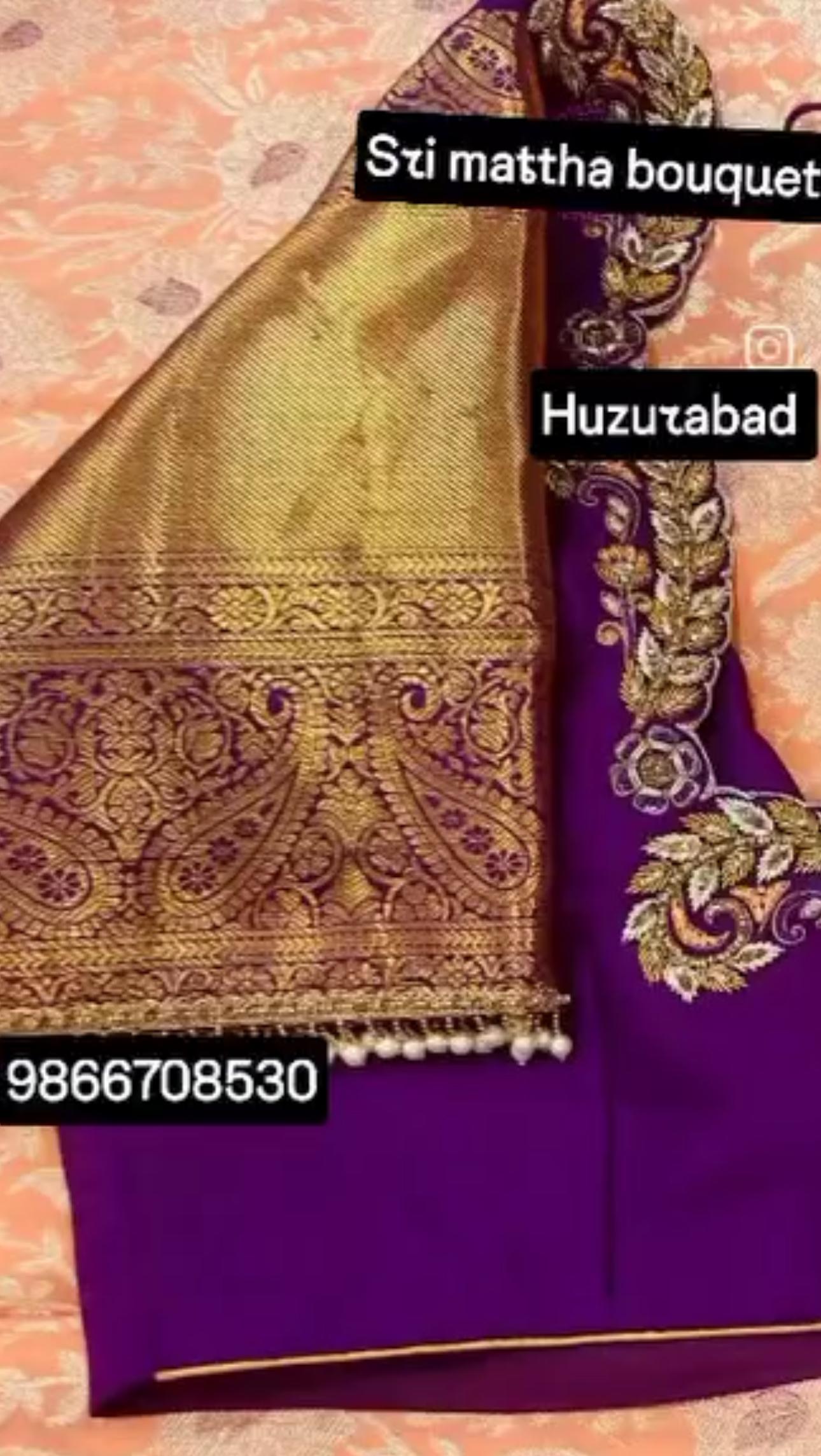 Purple silk saree with gold zari embroidered border and blouse
