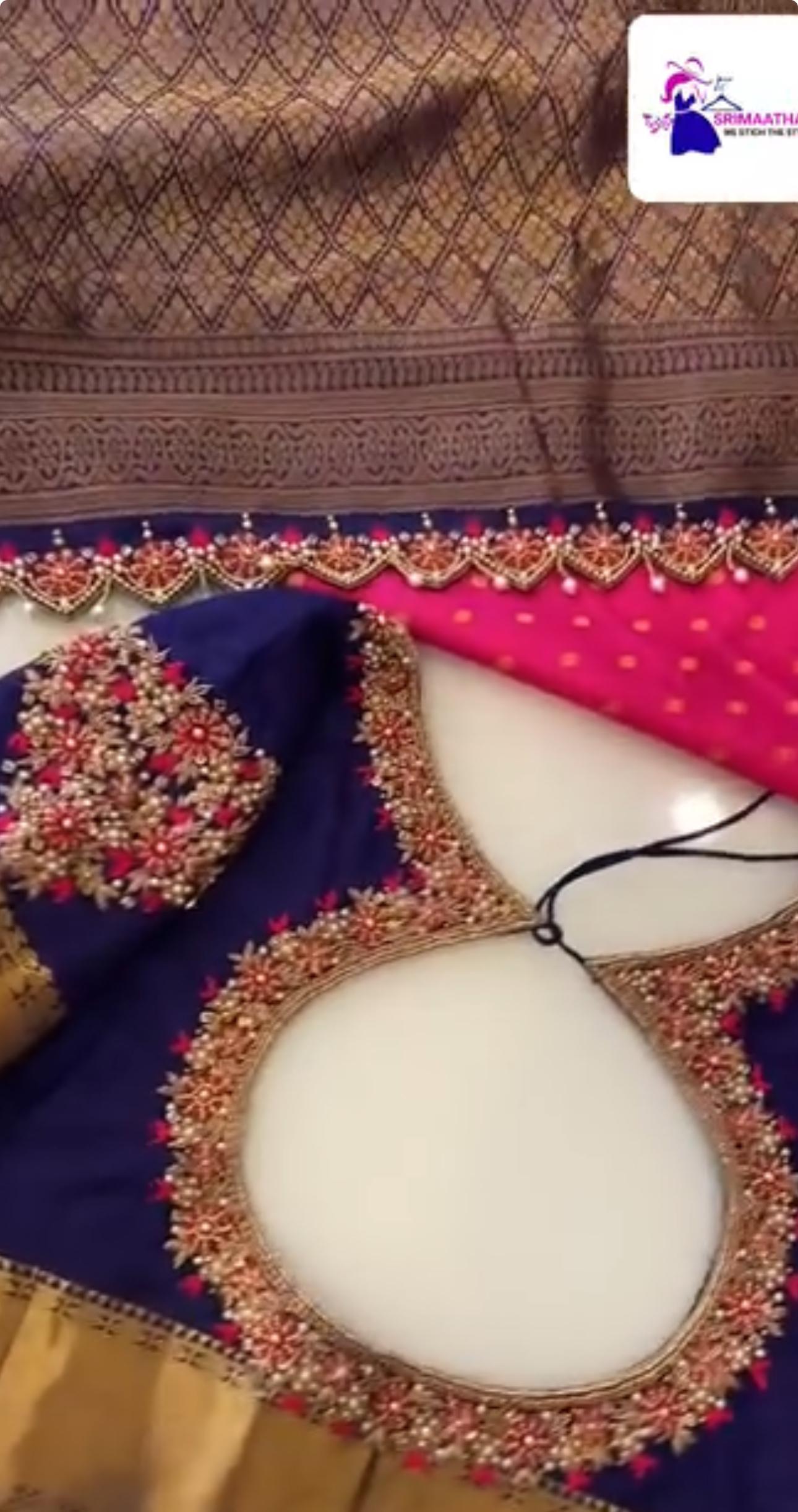 Navy blue blouse with dense gold and red beaded maggam work embroidery