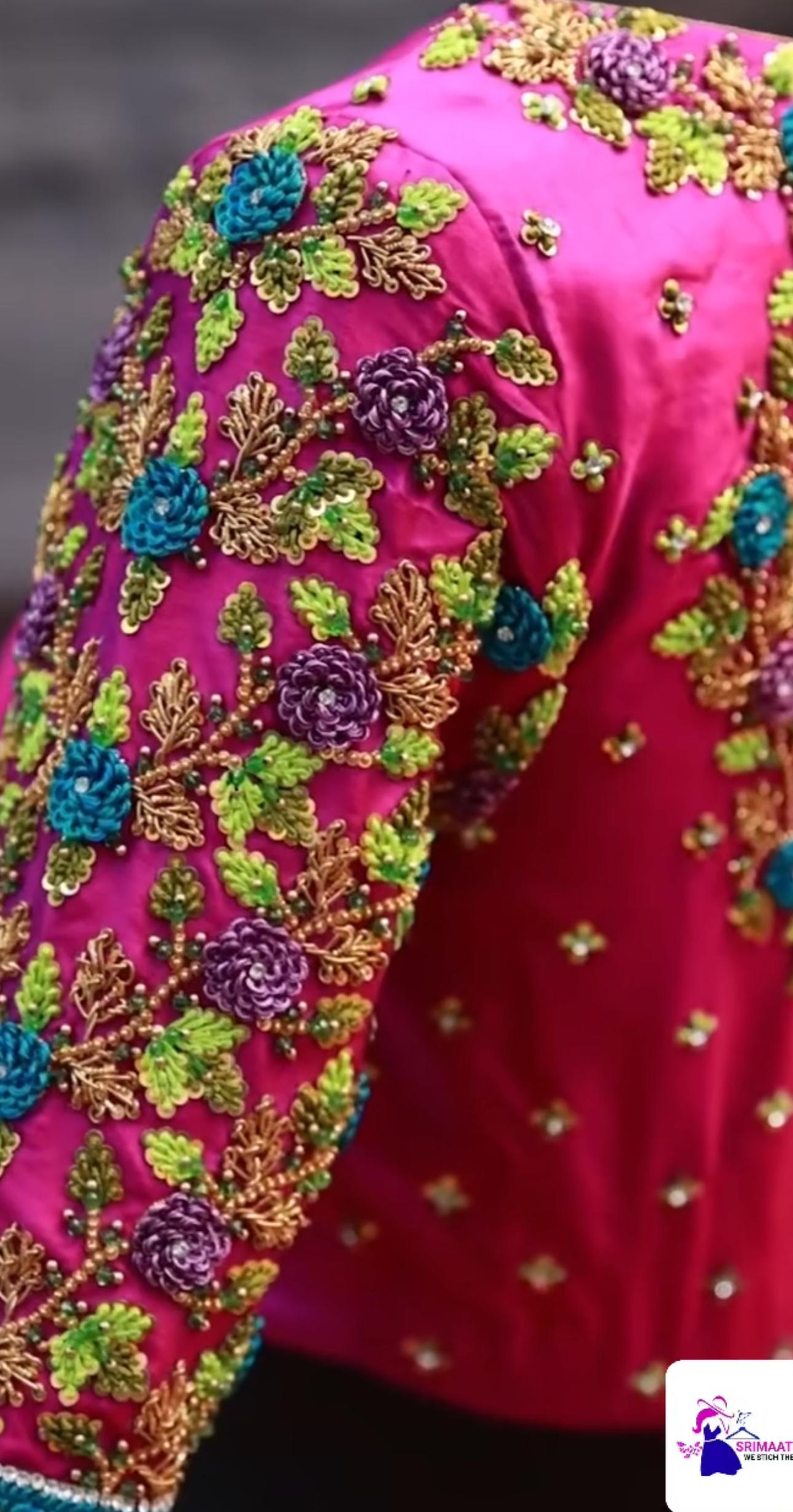 Magenta blouse with vibrant floral maggam work embroidery