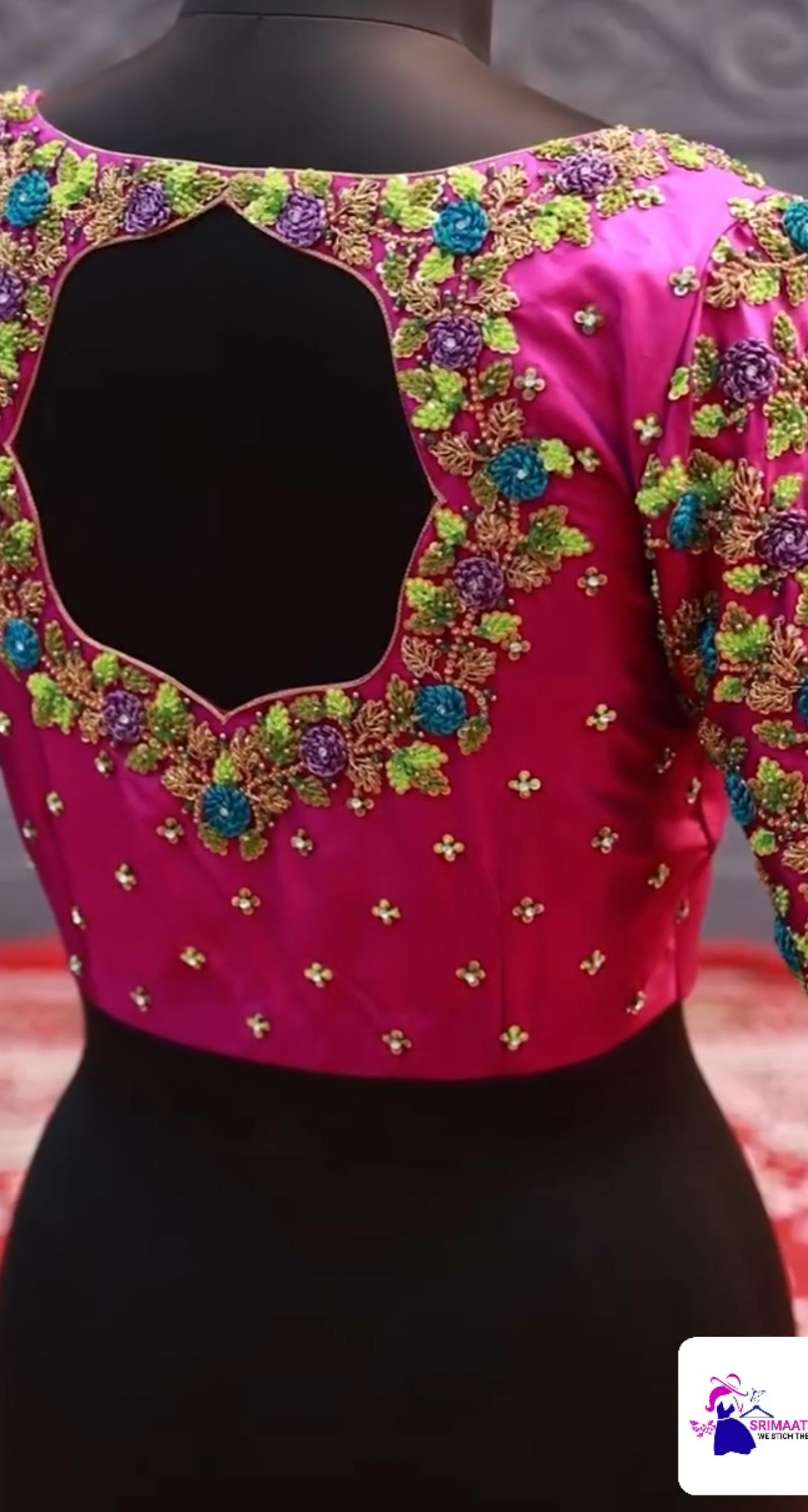 Magenta bridal blouse with floral maggam work and gold sequins