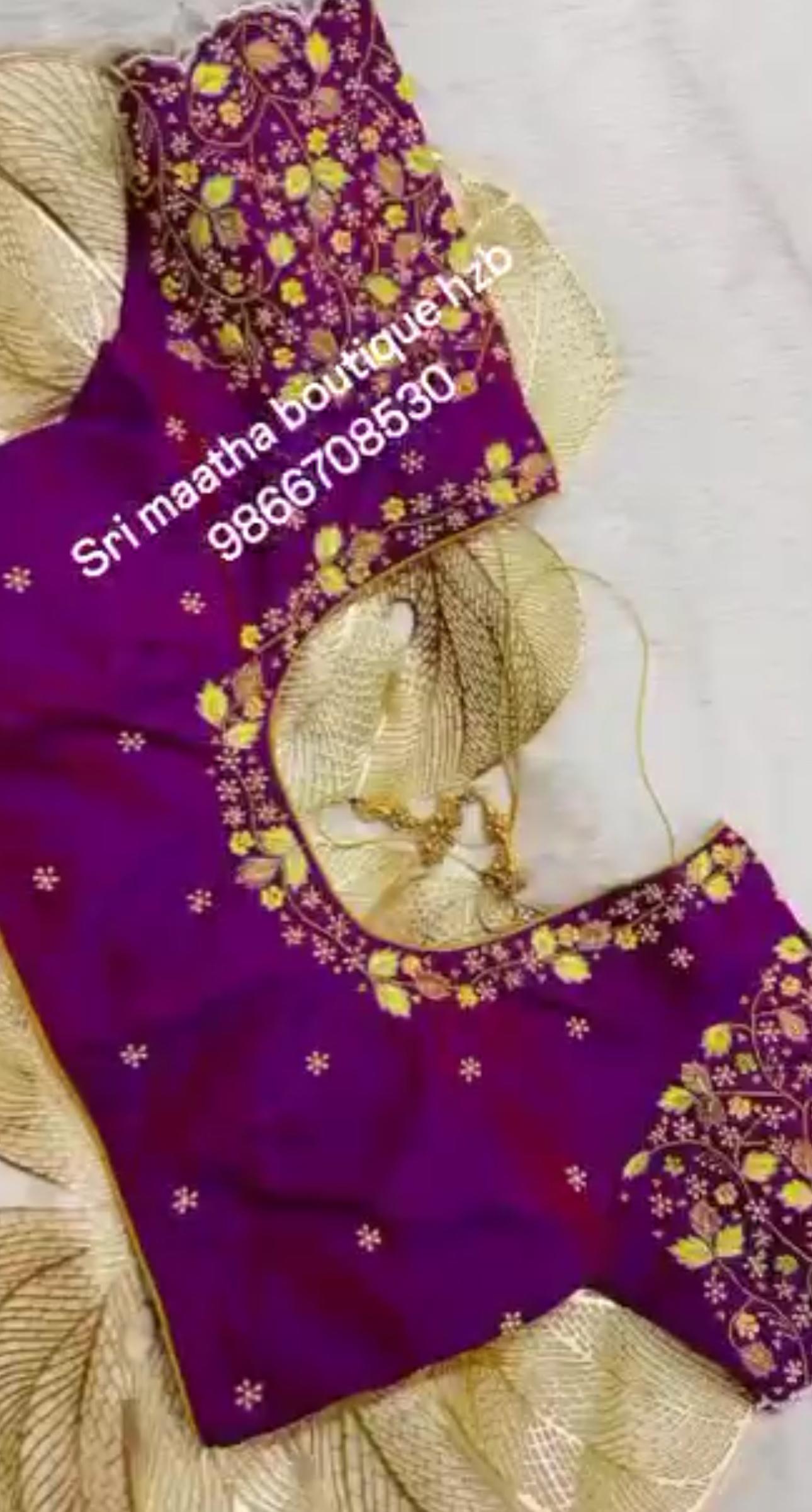 Purple bridal blouse with gold floral maggam work and delicate embroidery