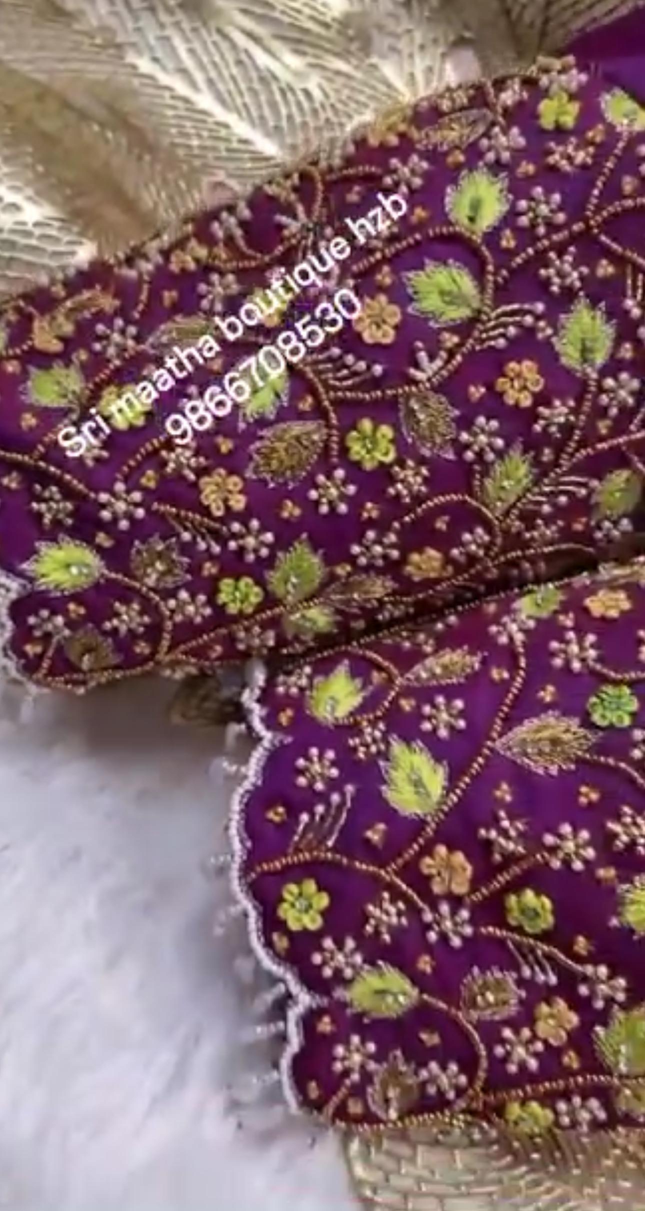 Purple blouse with lime green floral maggam work and gold embroidery