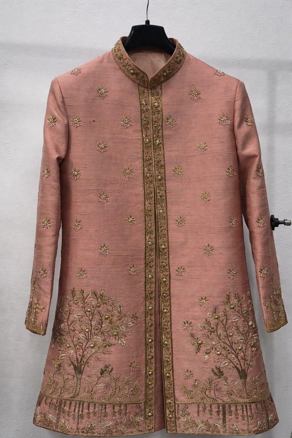 Peach silk coat with gold zari embroidery and floral motifs