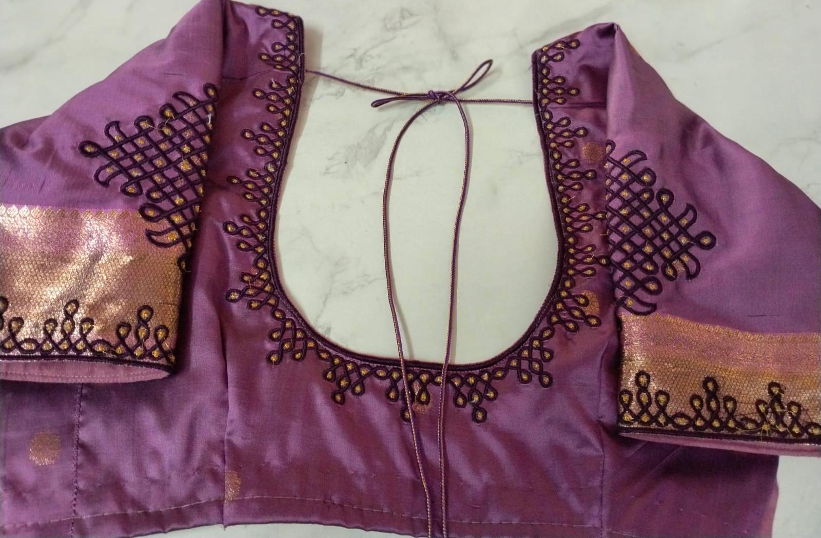 Purple silk blouse with gold zari embroidery and scalloped neckline