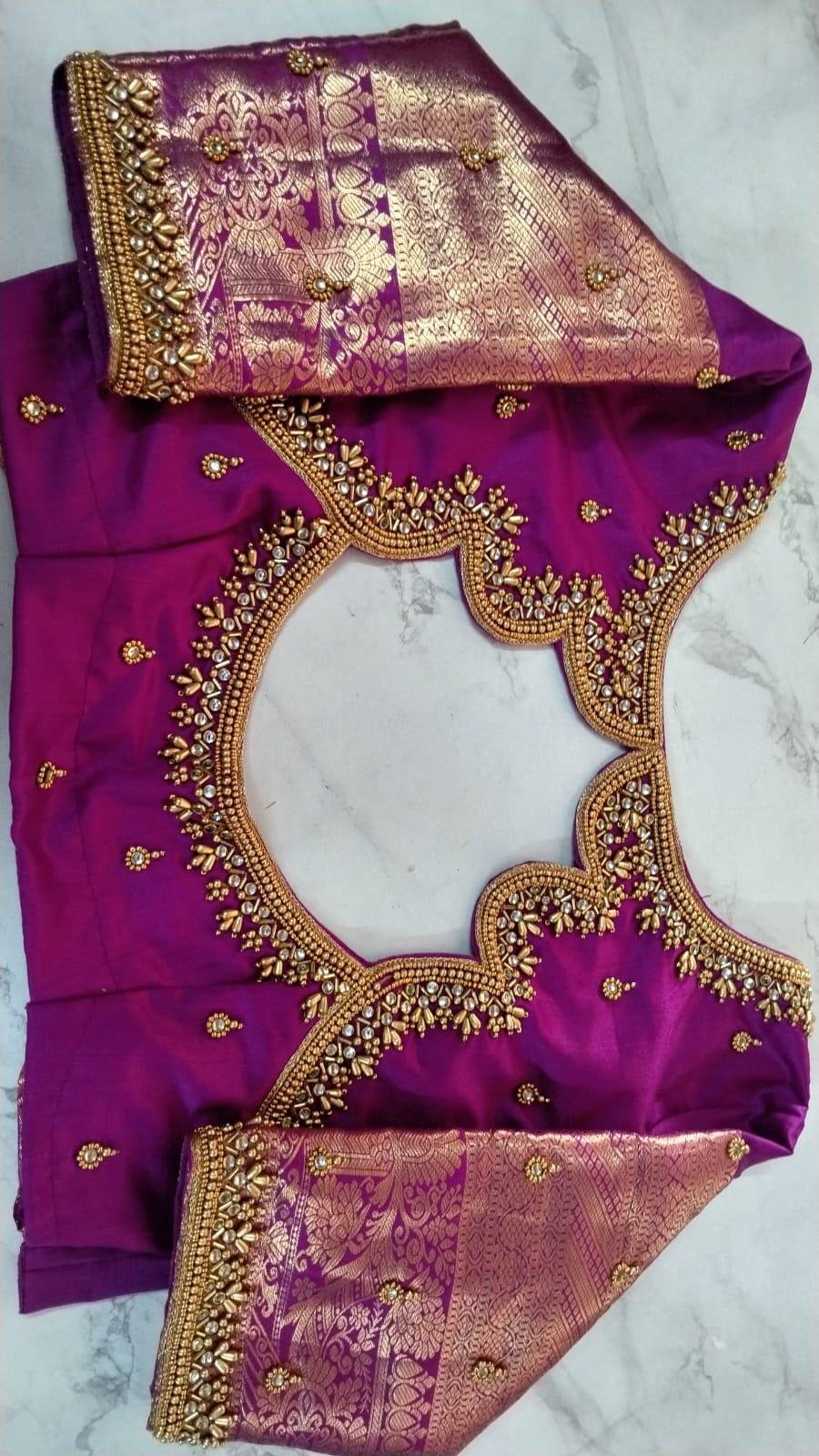 Purple silk blouse with gold zari embroidery and ornate borders