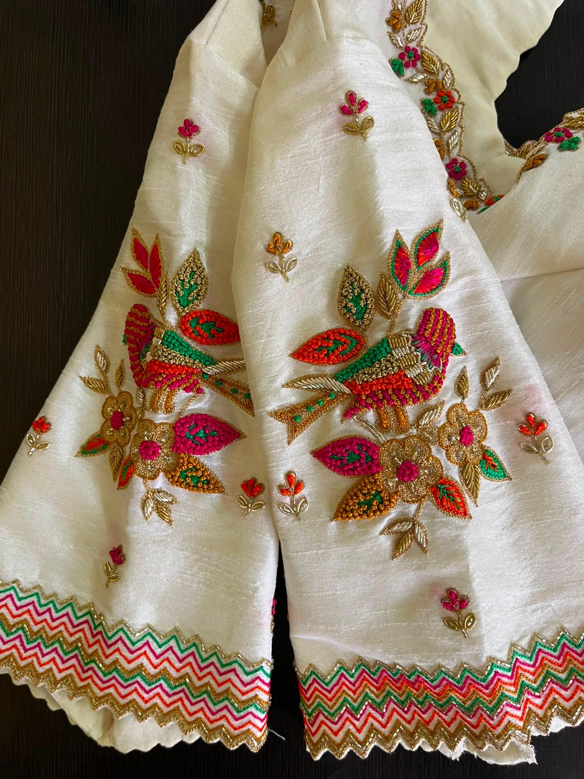Cream silk dupatta with vibrant maggam work floral embroidery